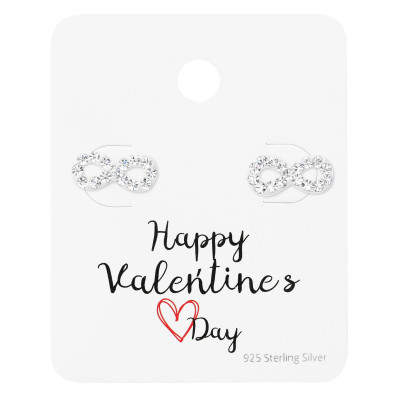 Silver Infinity Ear Studs with Crystal on Happy Valentine's Day Card