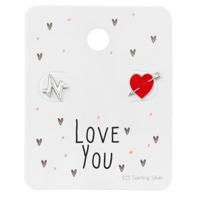Silver Heartbeat Ear Studs On Love You Card with Epoxy