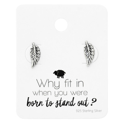 Silver Feather Ear Studs on Motivational Quote Card