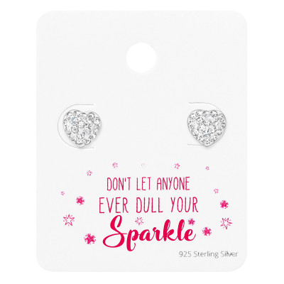 Silver Heart Ear Studs with Crystal on Motivational Quote Card