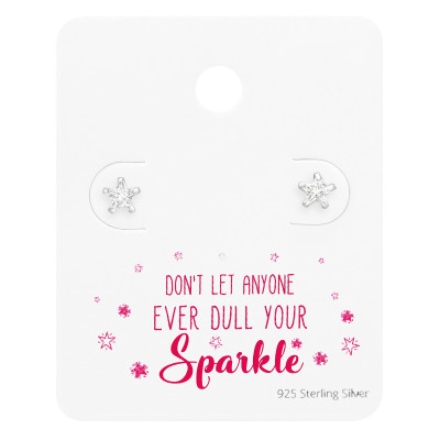 Silver Star Ear Studs with Cubic Zirconia on Motivational Quote Card