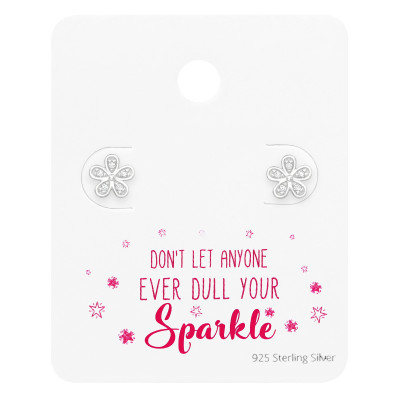 Silver Flower Ear Studs with Cubic Zirconia on Motivational Quote Card