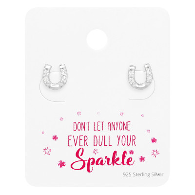 Silver Horseshoe Ear Studs with Cubic Zirconia on Motivational Quote Card