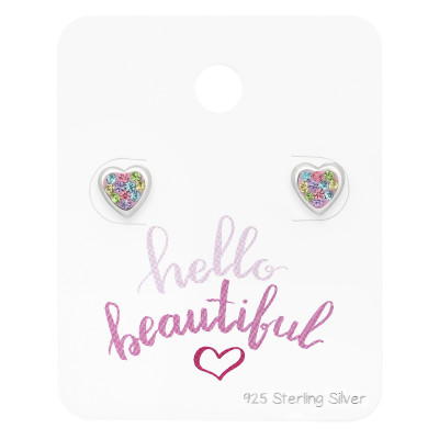 Silver Heart Ear Studs with Crystal on Hello Beautiful Card