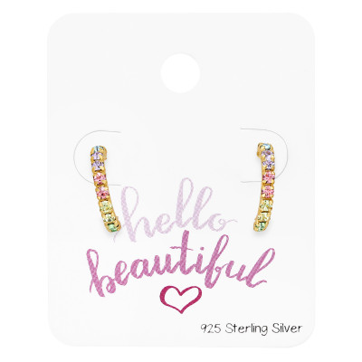 Silver Half Hoop Ear Studs with Crystal on Card