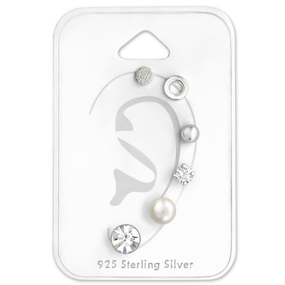 Silver Mixed Ear Studs Set with Cubic Zirconia Synthetic Pearl and Crystal on Card