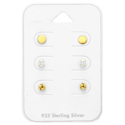 Silver Round Gold Earrings Set with Cubic Zirconia on Card