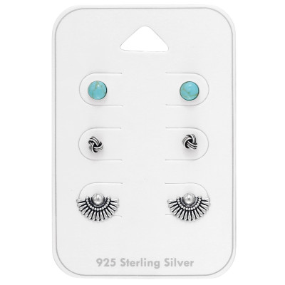 Silver Elegant Earrings Set with Imitation Stone on Card