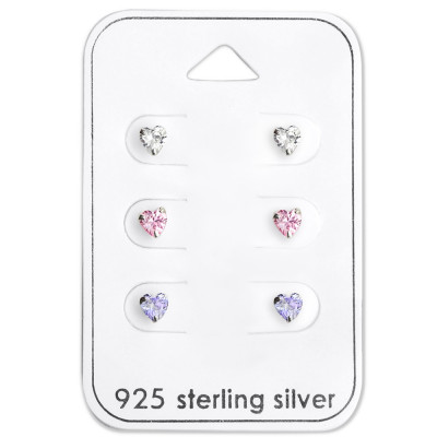 Silver Heart Ear Studs Set with Cubic Zirconia on Card