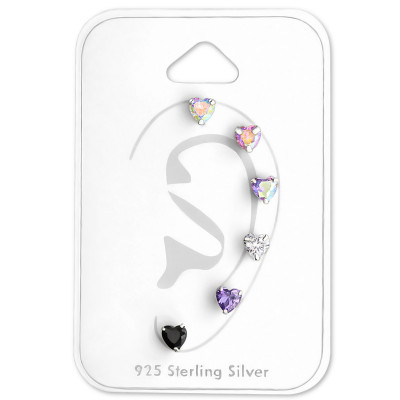 Silver Heart Ear Studs Set with Cubic Zirconia on Card