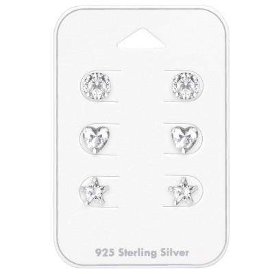 Silver Round, Heart and Star Ear Studs Set with Cubic Zirconia on Card