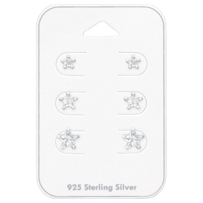 Silver Star 4mm, 5mm and 6mm Ear Studs Set with Cubic Zirconia on Card