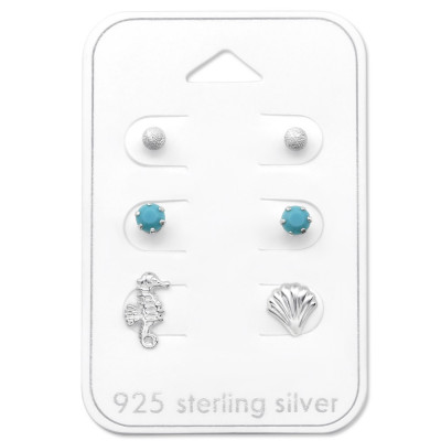 Silver Beach Ear Studs Set with Crystal on Card