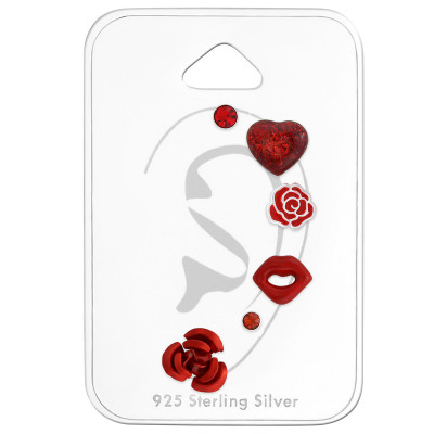 Silver Red Lovers Ear Studs Set with Crystal and Epoxy on Card