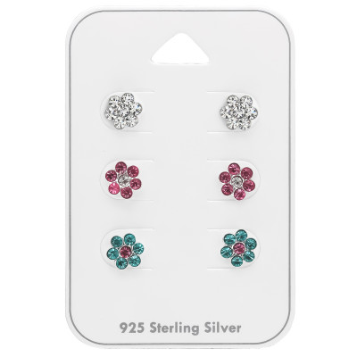 Silver Flowers Set Ear Studs with Crystal on Card