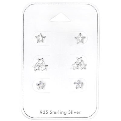 Silver Stars Ear Studs Set with Cubic Zirconia on Card