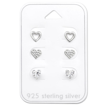 Silver Heart Ear Studs Set on Card