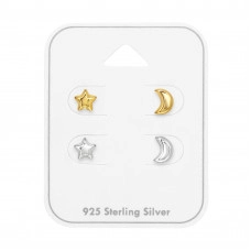 Star and Moon Sterling Silver Ear Studs Set and Jewelry on Card