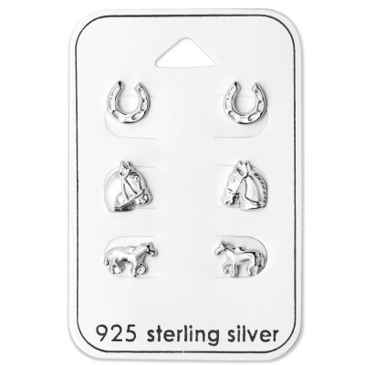 Silver Horse Lovers Ear Studs Set on Card