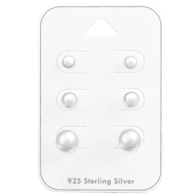 Silver Round 4m, 6m and 8mm Ear Studs Set with Synthetic Pearl on Card