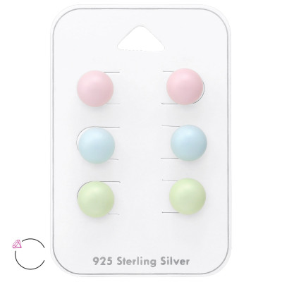 Silver Round 8mm Ear Studs Set with Genuine European Pearl on Card