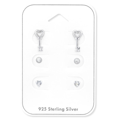 Silver Key To Your Heart Ear Studs Set with Cubic Zirconia on Card