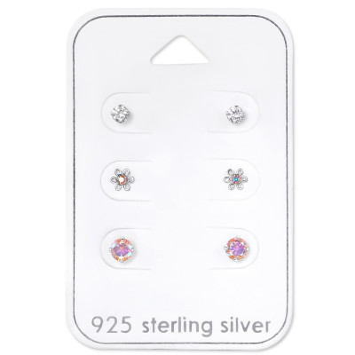 Silver Flower Ear Studs with Cubic Zirconia and Crystal on Card