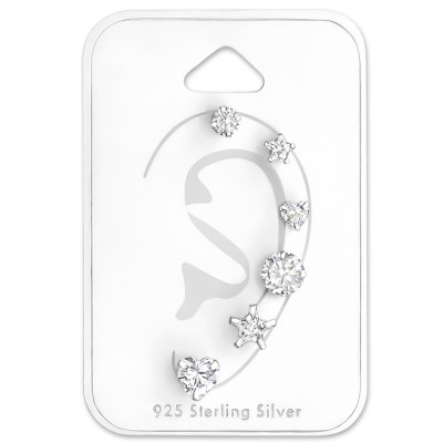 Round, Star and Heart Sterling Silver Set and Jewelry on Card with Cubic Zirconia