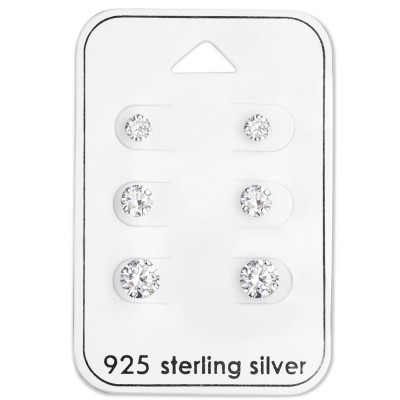 Silver Round 4mm, 5mm and 6mm Ear Studs Set with Cubic Zirconia on Card