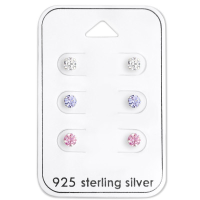 Silver Round 4mm Ear Studs Set with Cubic Zirconia on Card