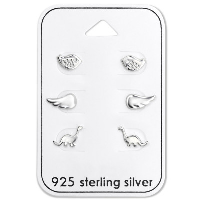 Silver Animal Ear Studs Set on Card