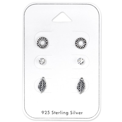 Silver Oxidized Ear Studs Set with Crystal on Card