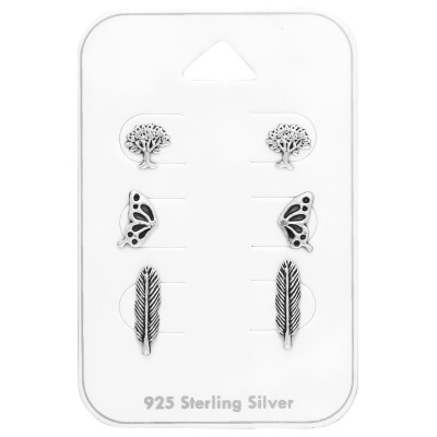 Silver Oxidized Nature Earrings Set on Card