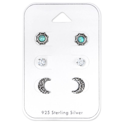 Silver Ethnic Moon and Sun Set with Cubic Zirconia and Imitation Opal on Card