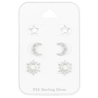 Silver Moon Star and Sun Set with Crystal and Imitation Opal on Card