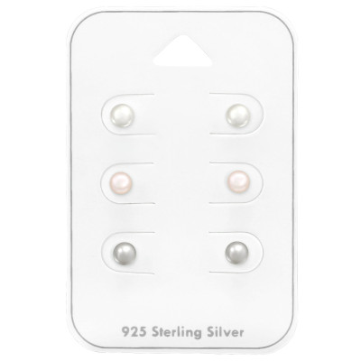 Synthetic Pearl 4 mm Silver Ear Studs Set on Card