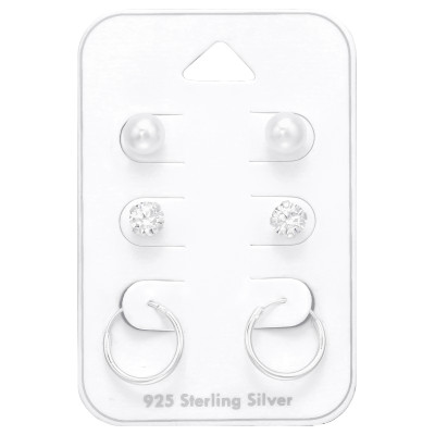 Silver Elegant Earrings Set with Cubic Zirconia and Synthetic Pearl on Card