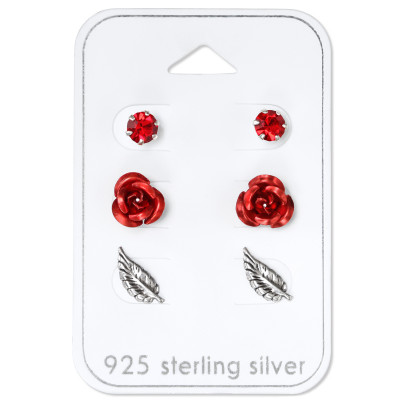 Silver Rose Ear Studs Set with Crystal on Card