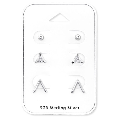 Silver Geometric Ear Studs Set with Cubic Zirconia on Card