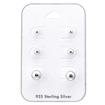 Silver Ball 3mm, 4mm and 6mm Ear Studs Set on Card