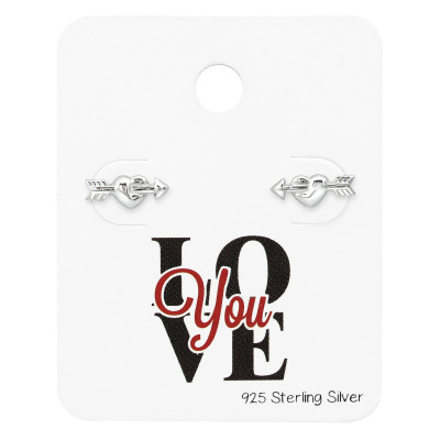 Heart and Arrow Ear Studs On Love You Card Sterling Silver Set and Jewelry on Card