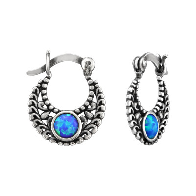 Ethnic Sterling Silver Bali Hoops with Opal