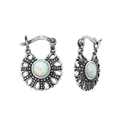 Ethnic Sterling Silver Bali Hoops with Opal