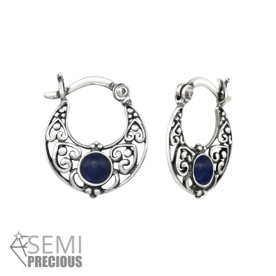 Ethnic Sterling Silver Bali Hoops with Semi Precious
