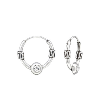 Silver Round Bali Hoops with Crystal