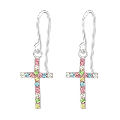 Silver Cross Earrings with Crystal