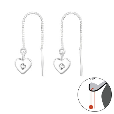 Silver Thread Through Heart Earrings with Crystal