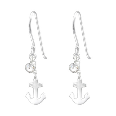 Silver Anchor Earrings with Crystal