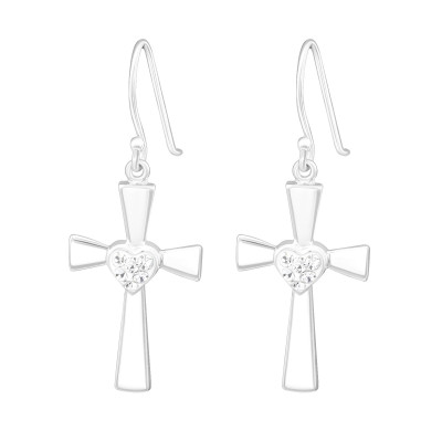 Silver Cross Earrings with Crystal