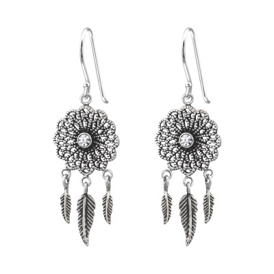 Silver Vintage Earrings with Crystal and Hanging Feather